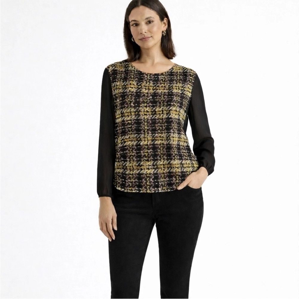 Ellen Tracy Sheer Long Sleeve Abstract Printed Top.